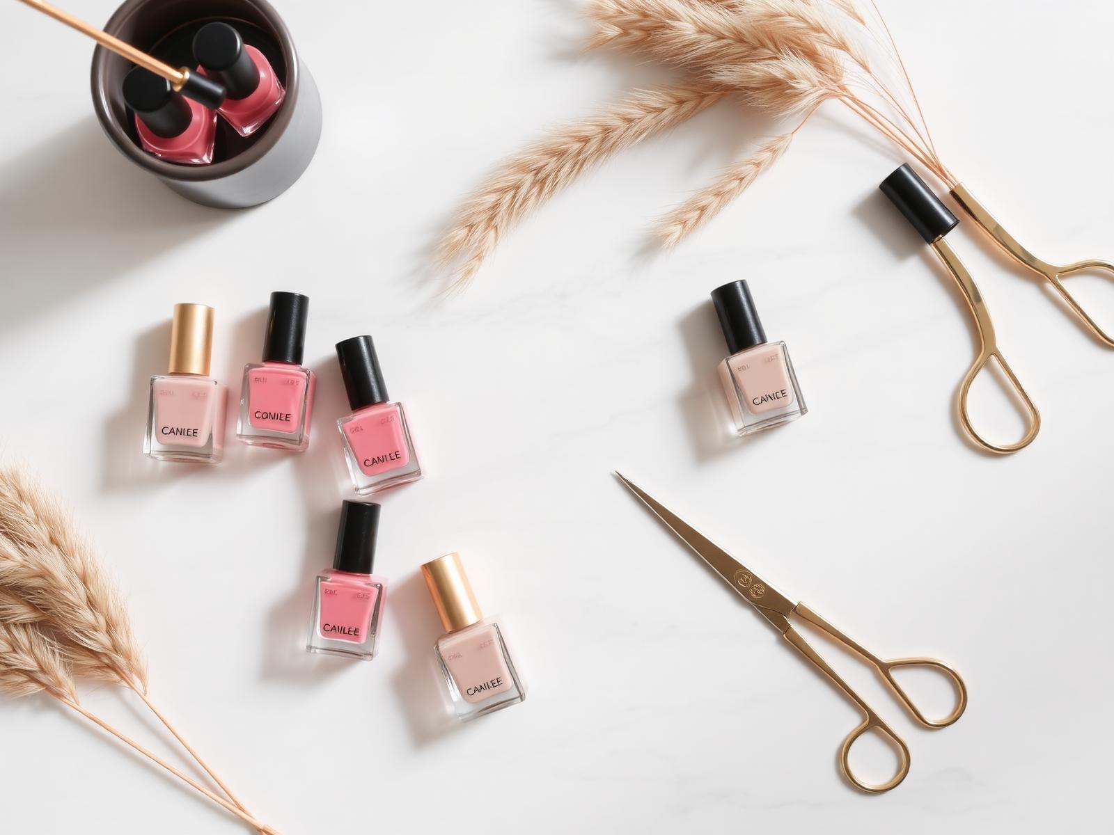 Vernis à ongles roses et accessoires dorés sur marbre